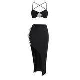 Dadizhimu Sexy Decorative Diamond Flower Sling Skirt Woman High-End Solid Color Slings Two-Piece Dress