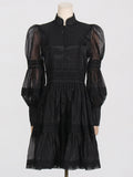 Dadizhimu Retro High-End Short Dress 2025 Summer New Fashion Collar Lantern Sleeve Mesh Waist Dress Dress Woman