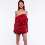 Dadizhimu Sexy Red Breast Trim High-End Temperament Decorative Three-Dimensional Flower Party Dress