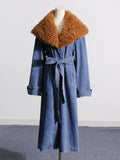 Dadizhimu 2025 New Fashion Temperament Detachable Wool Collar Long Denim Jacket Female With Belt Thin Windwear