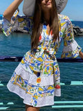 Dadizhimu Bohemian Resort 2025 Spring New V-Neck Horn Sleeve Embroidery Printed Dressed Dress Woman