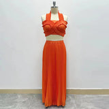 Dadizhimu Elegant Wind Two Sets 2025 New Chest Hanging Neck Loaf Side Top + High Waist Pressure Folded Skirt Dress