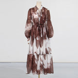 Dadizhimu Mesh Dress 2025 New Retro Ink Print Design Waist Long Dress Dress Woman