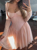 Dadizhimu Women's New Mesh Yarn Long-Sleeved Lace Spliced Fish Bone French Dress Barbie Cos Pink Dress