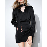 Dadizhimu Small Black Dress Design With A Sense Of The Vertiny Dress Women's New Autumn Temperament V-Necked Wrinkles Skirt