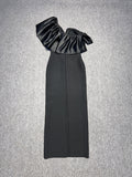 Dadizhimu Women's Sexy Temperament Slant Shoulders Irregular Thin Open Fork Dress Elegant Banded Evening Dress