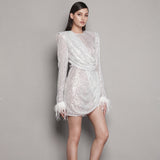 Dadizhimu Women's Sleeves Decorated Feather Dress Embellished Irregular Elegant Dress Woman