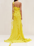 Dadizhimu Wind One-Shoulder Dress Dress 2025 Summer New Splicing Wood Ear Slim Slim Open Fork Dress Woman