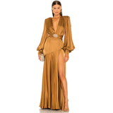 Dadizhimu Women's Deep V Shoulder Decoration Trumpet Sleeves Under The Open Fork Elegant Long Dress