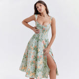 Dadizhimu Women's Spring Female Fish Bone Slings Broken Flower Dress Body Open Fork Long Skirt