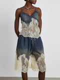 Dadizhimu Summer New Lace Splicing Sexy Sling + Fashion High-End Denim Shorts Two-Piece Set Of Women