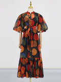 Dadizhimu Wind Mesh Dress 2025 New Printing Design Tice With Waist Display Lanky Dress Dress Women's Summer