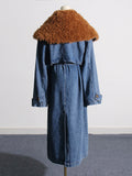 Dadizhimu 2025 New Fashion Temperament Detachable Wool Collar Long Denim Jacket Female With Belt Thin Windwear