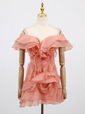 Dadizhimu Lotus Side Shoulder Short-Sleeved Dress Women 2025 Summer Sweet Flying Flying Sleeve Skirt Bag Hip Skirt