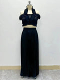 Dadizhimu Elegant Wind Two Sets 2025 New Chest Hanging Neck Loaf Side Top + High Waist Pressure Folded Skirt Dress