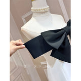Dadizhimu Temperament Of The Black And White Bumpy Bow Word Shoulder Tidly Strapped Shoulder Tight Belt A-Word Dress Is Not Skinny