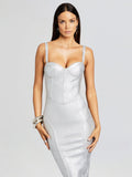 Dadizhimu Heavy Industry Hot Silver Sling V-Neck Dress Light Luxury Party Banquet Thin Banded Evening Dress