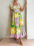 Dadizhimu New Fashion Lotus Leaf Side Sexy Word Collar Design Print Waist Slim Dress Dress Women Summer