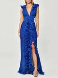 Dadizhimu Open Fork Dress 2025 New Autumn V-Neck Wood Ear Design High-Waist Long Dress Woman