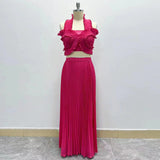 Dadizhimu Elegant Wind Two Sets 2025 New Chest Hanging Neck Loaf Side Top + High Waist Pressure Folded Skirt Dress