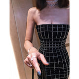 Dadizhimu Lattice Hot Diamond Body Slim Thin Bag Hips Small Black Dress Party Evening Dress Women's Short