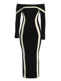 Dadizhimu And Sexy Shoulder-Collision Dress Knitted Long-Sleeved Shoulder Banded Evening Dress