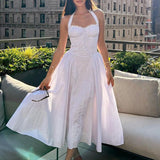 Dadizhimu Sexy Women's Broken Flowers Hanging Neck Dress Spring And Summer Women's High-End Feeling Body Out-Back Resort Style Long Skirt