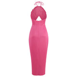Dadizhimu New Decoration Flowers Sexy Party Dress With Chest Bare Back Strap Open Skirt Dress Long