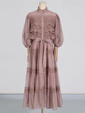 Dadizhimu Retro Style Long-Sleeved Dress Woman 2025 Spring New Splicing Hollow High-End Feeling Slimy Dress