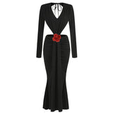Dadizhimu Sexy V-Necked Long-Sleeved Dress Waist Decor Flower Open-Forked Pouse Dress Dress Dress Long