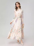Dadizhimu 2024 New Women's Round-Neck Long-Sleeved Print Single-Dneck Belt-Sleve-Sleeved Dress With Long-Body Sweet Dress