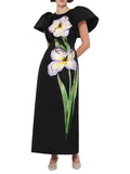 Dadizhimu Spring And Summer New Bubble Sleeves Waist Sticker Flower Embroidery Black Dress Women Fashion