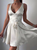 Dadizhimu Sexy Deep V Tie With Body-Caught White Short Dress Babes Sleeveless Dress Women's Pure Lust
