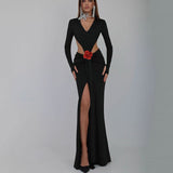 Dadizhimu Sexy V-Necked Long-Sleeved Dress Waist Decor Flower Open-Forked Pouse Dress Dress Dress Long