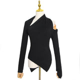 Dadizhimu Summer New Personalized Shoulder Design Irregular Knitted Shirt Solid Color Repair Short Ladies Sweater Style
