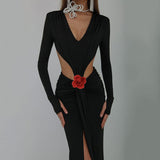 Dadizhimu Sexy V-Necked Long-Sleeved Dress Waist Decor Flower Open-Forked Pouse Dress Dress Dress Long