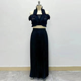 Dadizhimu Elegant Wind Two Sets 2025 New Chest Hanging Neck Loaf Side Top + High Waist Pressure Folded Skirt Dress