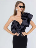 Dadizhimu Women's Sexy Temperament Slant Shoulders Irregular Thin Open Fork Dress Elegant Banded Evening Dress