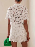 Dadizhimu New Niche Design Sense Lace Embroidered Collar Shirt Top + Casual Shorts Fashion Two-Piece Set Of Women