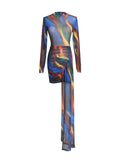 Dadizhimu Dress 2025 Summer New Long Sleeves Short Irregular Tie-Dye Dress Woman Trend