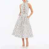 Dadizhimu Feel Dress Women 2025 New High-Necked Sleeveless Design Bow Wave Dot Long Skirt