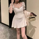 Dadizhimu Famous Lady Temperament Square Collar Bubble Sleeve Three-Dimensional Pattern With Diamond Dress Women's Summer Dating Small White Dress Skirt