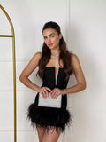 Dadizhimu Shoulder-To-Shoulder-In-Word Collar V-Bode Ostriches Woolen And-Bobow-Bow-Bowded Dress Bandage Dress