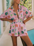 Dadizhimu Temperament Two-Piece Set 2025 New Design Print Set Short-Sleeved Shirt Top + Casual Shorts Women