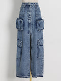Dadizhimu Street Wind 2025 Summer New High-Waist Long Straight Before The Open Design Denim Pure Color Female Skirt