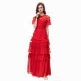 Dadizhimu 2024 Spring And Summer New Women's Round Neck Short Sleeve Mesh Yarn Ear Layer Red Banquet Dress Dress