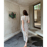 Dadizhimu Design Feel Rice White Heavy Lace Short Sleeve V-Neck Dress High Waist Repair Paper Pencil Dress
