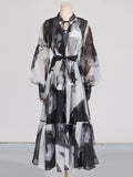 Dadizhimu Mesh Dress 2025 New Retro Ink Print Design Waist Long Dress Dress Woman