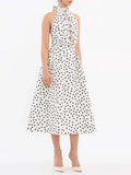Dadizhimu Feel Dress Women 2025 New High-Necked Sleeveless Design Bow Wave Dot Long Skirt