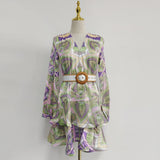 Dadizhimu Wind Print Lotus Leaf-Side Dress 2025 Summer New V-Neck Lantern Sleeves To Close The Waist Thin Skirt Woman